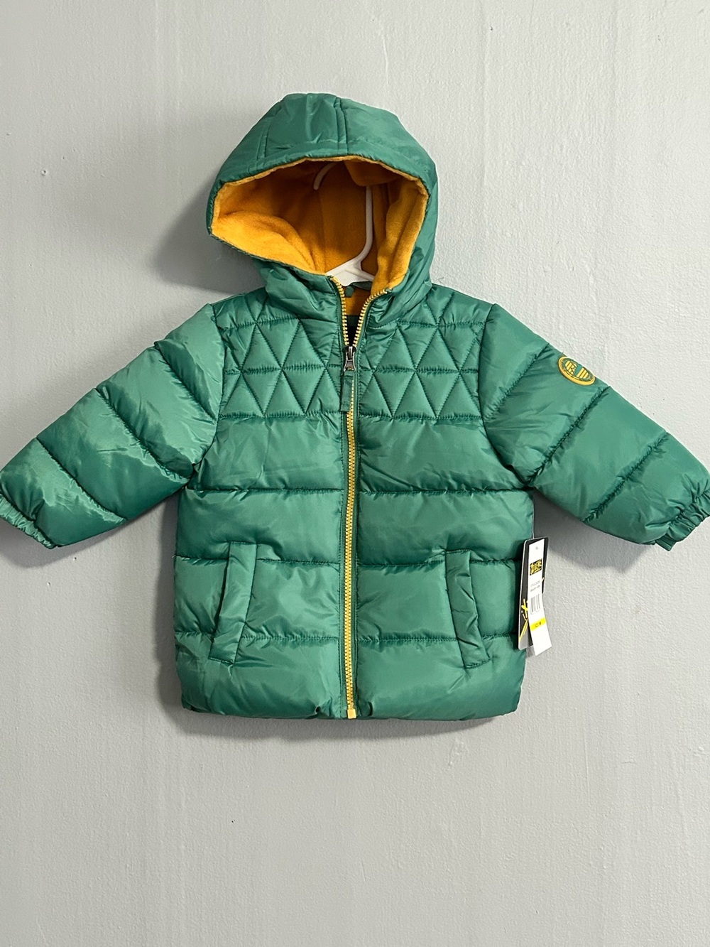 Kids Green Hooded Puffer Jacket with Yellow Lining